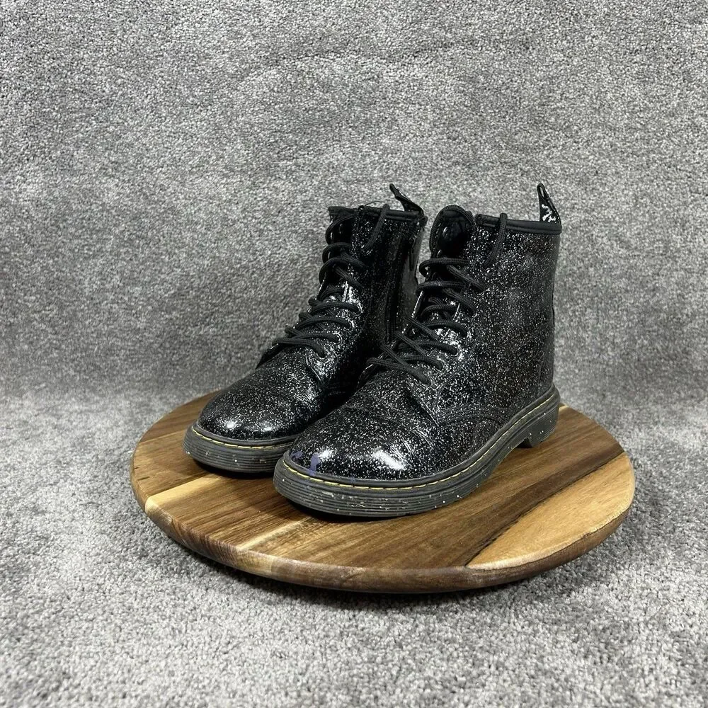 Dr Martens 1460 J Youth Sz 5 Cosmic Glitter Black Leather Zip Lace Up Boots Used
